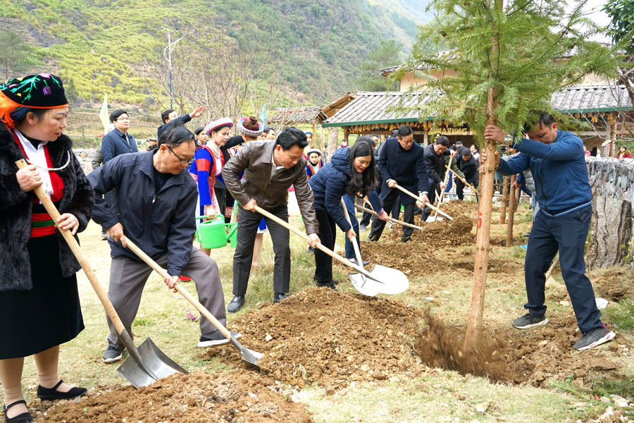 Bí thư Tỉnh ủy Đặng Quốc Khánh cùng các đồng chí lãnh đạo tỉnh tham gia Lễ trồng cây tại Làng văn hóa du lịch cộng đồng thôn Pả Vi Hạ, xã Pả Vi, huyện Mèo Vạc.