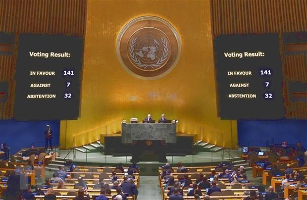 Toàn cảnh phiên bỏ phiếu của Đại hội đồng Liên hợp quốc thông qua Nghị quyết kêu gọi chấm dứt xung đột Nga-Ukraine ngày 23/2.