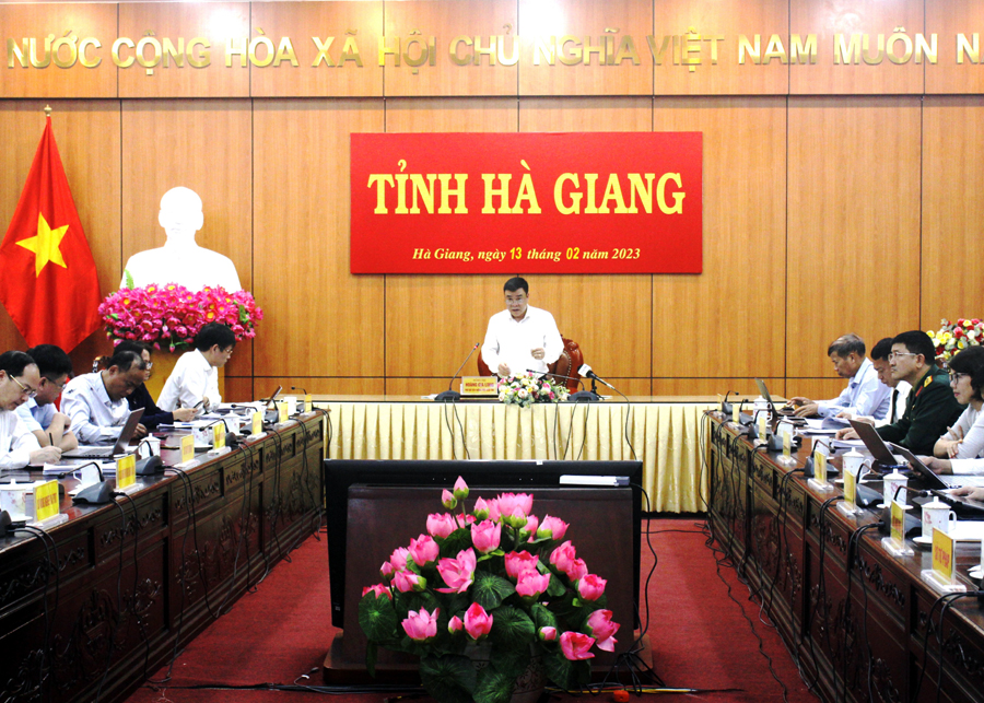 Phó Chủ tịch Thường trực UBND tỉnh Hoàng Gia Long phát biểu thảo luận tại điểm cầu Hà Giang.