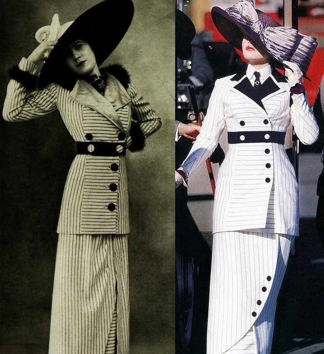 Bộ váy suit màu trắng của Rose (phải) được làm giống một thiết kế trên tạp chí Pháp năm 1912.