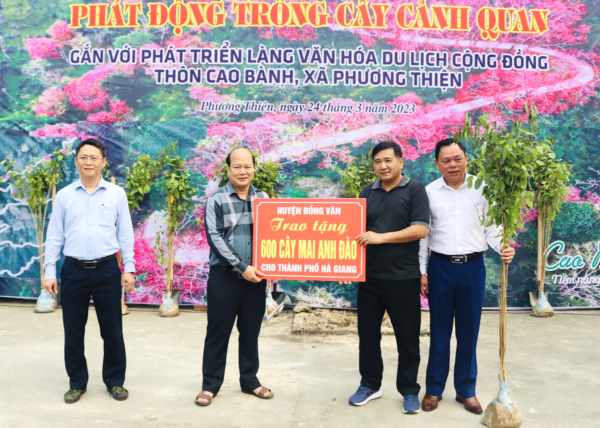 Lãnh đạo huyện Đồng Văn trao tặng cây Mai anh đào cho thành phố Hà Giang
