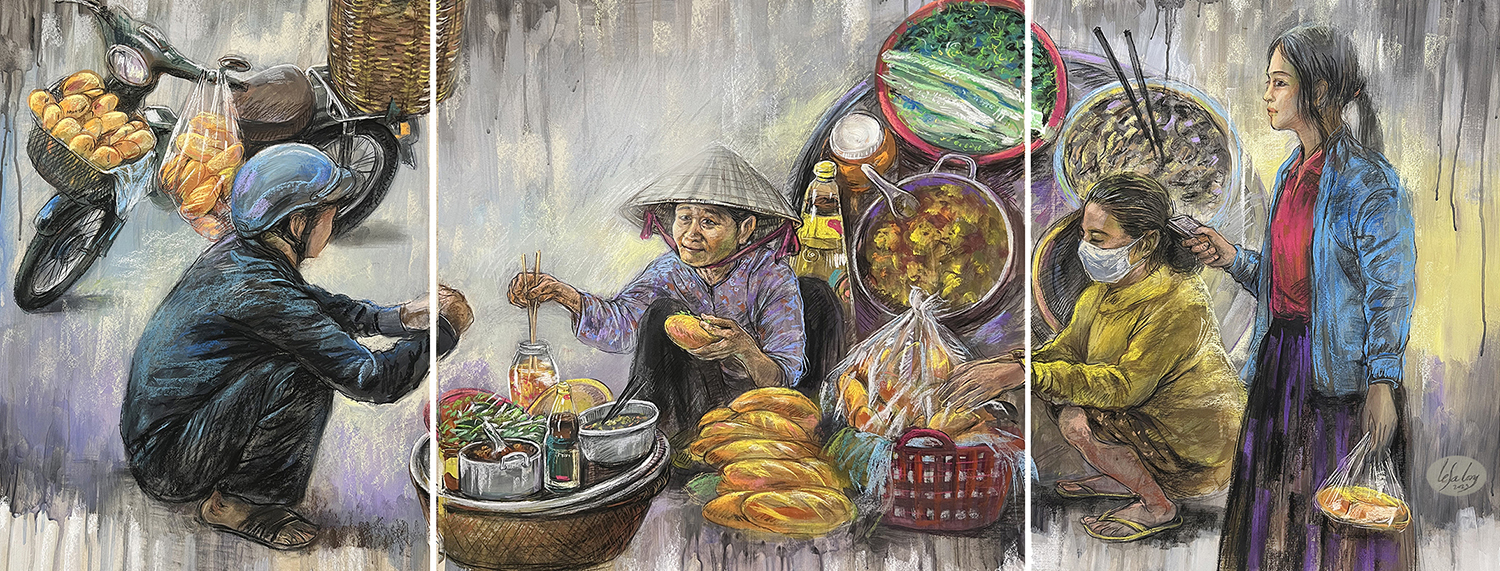 Hình ảnh những gánh bánh mì bình dân được khắc họa bằng tranh khổ lớn. Tác phẩm nằm trong bộ sưu tập của Lê Sa Long - hưởng ứng lễ hội bánh mì đầu tiên ở Việt Nam (diễn ra từ ngày 30/3 đến 2/4 tại TP HCM).