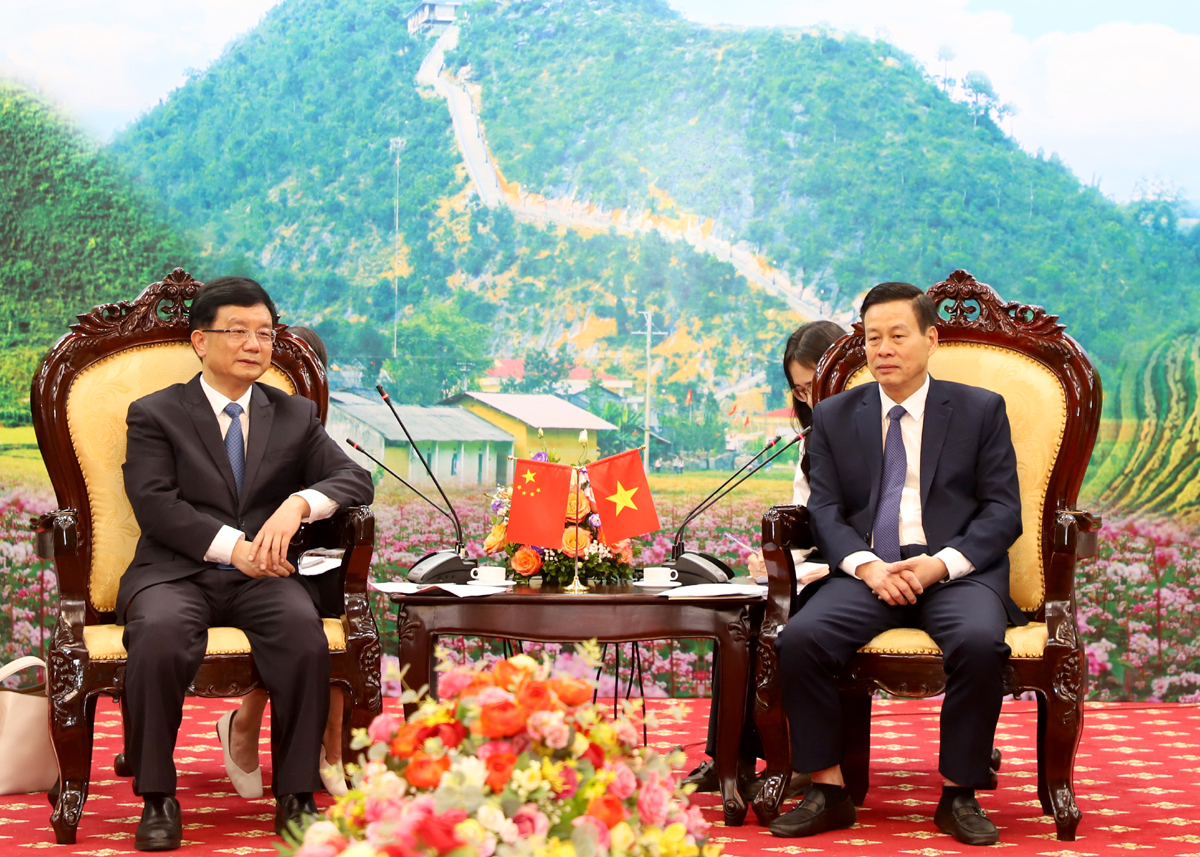 Chủ tịch UBND tỉnh Nguyễn Văn Sơn trao đổi với Phó tỉnh trưởng Chính quyền nhân dân tỉnh Vân Nam Dương Bân.
