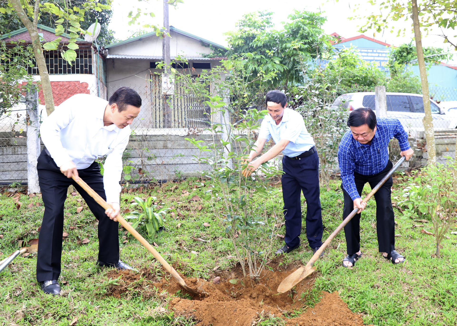 Bộ trưởng Bộ Nông nghiệp và PTNT Lê Minh Hoan và Chủ tịch UBND tỉnh Nguyễn Văn Sơn trồng cây lưu niệm tại khu sản xuất của Công ty Cổ phần Phát triển Nông lâm nghiệp Việt Nam.