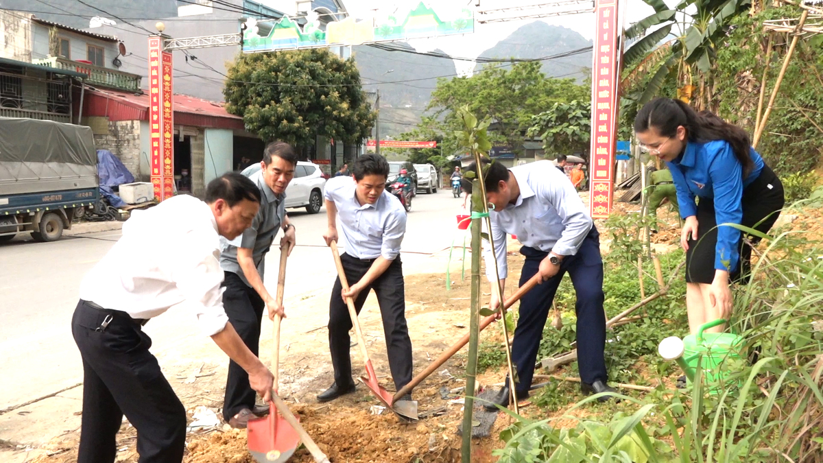 Trưởng ban Tuyên giáo Tỉnh ủy Vũ Mạnh Hà và lãnh đạo huyện Yên Minh tham gia trồng cây Phong Linh tại thị trấn Yên Minh
