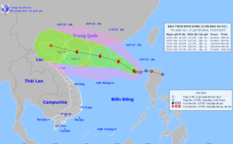 Bản đồ dự báo quỹ đạo và cường độ bão số 1 lúc 16 giờ ngày 15.7.2023