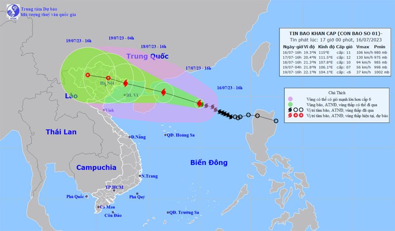 Vị trí và hướng di chuyển của bão số 1.