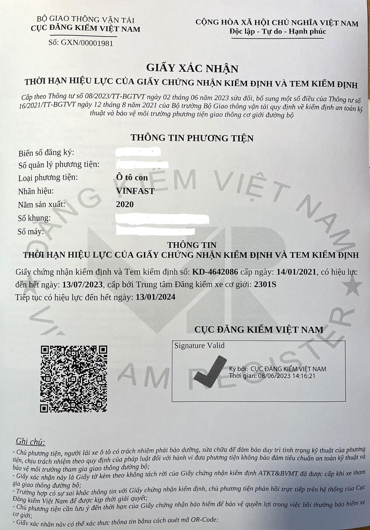 Giấy xác nhận thời hạn hiệu lực của giấy chứng nhận, tem kiểm định được in từ phần mềm của Cục Đăng kiểm Việt Nam