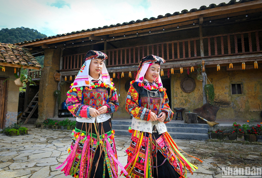 Vẻ đẹp trang phục của người Lô Lô Hoa ở chân núi Rồng, thuộc xã Lũng Cú, huyện Đồng Văn, tỉnh Hà Giang bên kiến trúc nhà trình tường lợp ngói đặc trưng.
