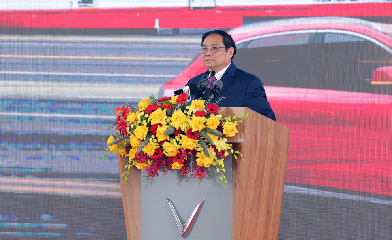 Thủ tướng chính phủ Phạm Minh Chính phát biểu tại lễ xuất khẩu xe điện của VinFast. Ảnh: Vingroup