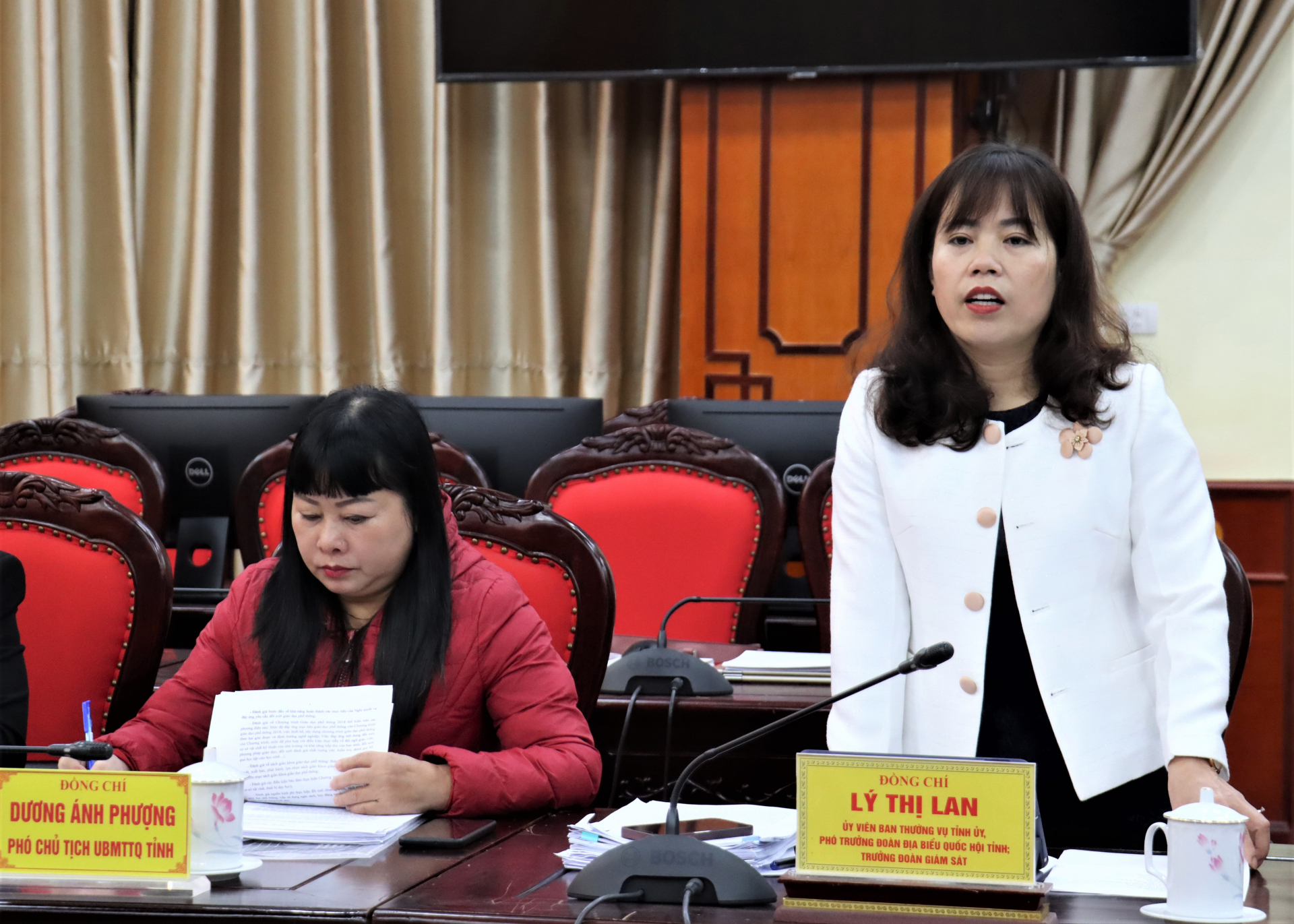 Phó trưởng đoàn Chuyên trách Đoàn ĐBQH khóa XV tỉnh Lý Thị Lan kết luận buổi giám sát đối với UBND tỉnh.