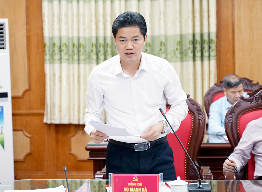 Trưởng ban Tuyên giáo Tỉnh ủy Vũ Mạnh Hà phát biểu tại buổi làm việc.