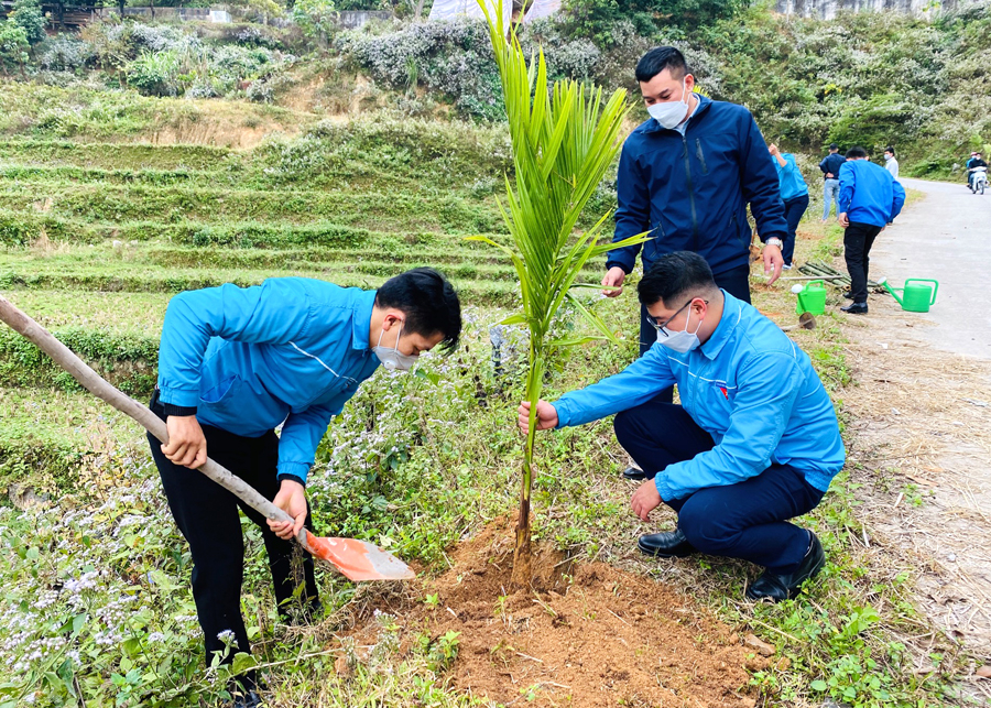 ĐVTN trồng cây xanh tạo cảnh quan đường lên Đền thờ Anh hùng Liệt sỹ cao điểm 468, xã Thanh Thủy.
