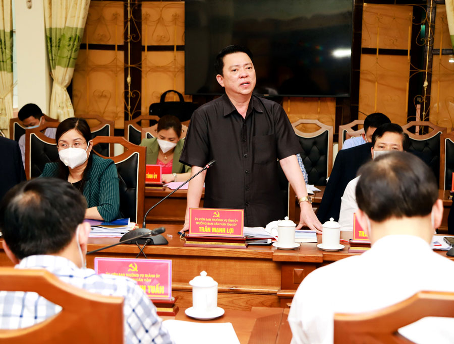 Trưởng ban Dân vận Tỉnh ủy Trần Mạnh Lợi tham gia ý kiến tại buổi làm việc
