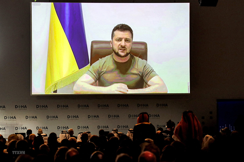 Tổng thống Ukraine Volodymyr Zelensky trong bài phát biểu qua video được gửi tới hội nghị quốc tế Diễn đàn Doha ở Qatar.