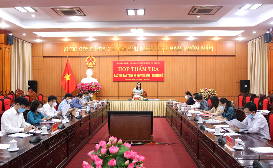 Các đại biểu dự họp thẩm tra văn bản trình Kỳ họp thứ năm (chuyên đề) HĐND tỉnh.
