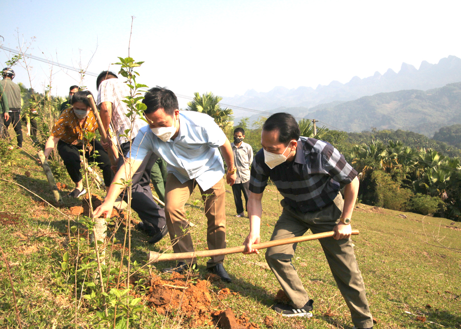 Phó Chủ tịch UBND tỉnh Trần Đức Qúy cùng cán bộ và bà con nhân dân tham gia trồng cây tại khu vực đồi đất tập thể thôn Hạ Thành.
