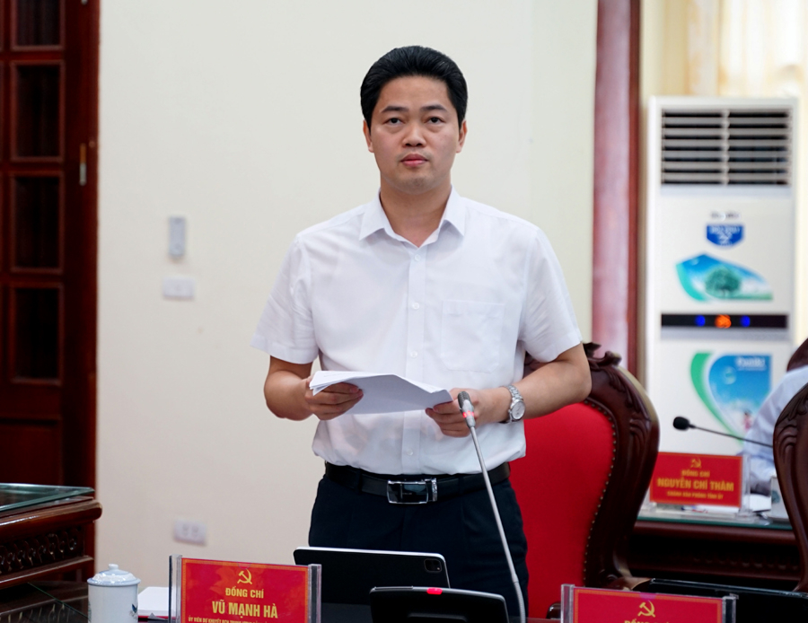 Trưởng ban Tuyên giáo Tỉnh ủy Vũ Mạnh Hà phát biểu tại buổi làm việc.
