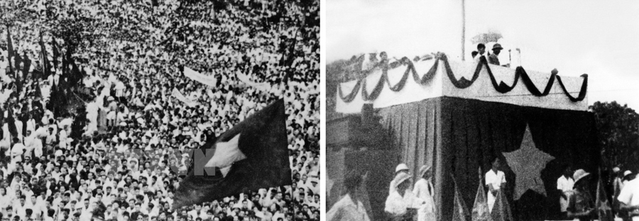 Cuộc mít tinh phát động khởi nghĩa giành chính quyền do Mặt trận Việt Minh tổ chức tại Nhà hát Lớn Hà Nội ngày 19-8-1945 (ảnh trái); ngày 2-9-1945, tại Quảng trường Ba Đình lịch sử, Chủ tịch Hồ Chí Minh đọc Tuyên ngôn Độc lập, khai sinh nước Việt Nam Dân chủ Cộng hòa (ảnh phải)