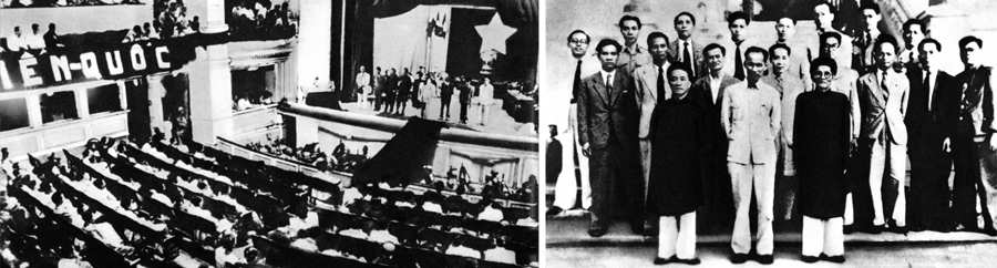 Ngày 6-1-1946, Quốc hội đầu tiên của nước Việt Nam Dân chủ Cộng hòa ra đời sau cuộc tuyển cử đầu tiên trong cả nước (ảnh trái); Chủ tịch Hồ Chí Minh và các thành viên Hội đồng Chính phủ lâm thời nước Việt Nam Dân chủ Cộng hoà ra mắt sau phiên họp đầu tiên, ngày 3-9-1945