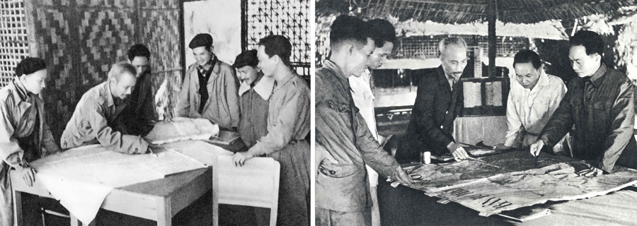 Chủ tịch Hồ Chí Minh họp với Thường vụ Trung ương Đảng quyết định mở chiến dịch Biên giới năm 1950 (ảnh trái); cuối năm 1953, tại Việt Bắc, Chủ tịch Hồ Chí Minh và các đồng chí lãnh đạo Đảng quyết định mở chiến dịch Điện Biên Phủ (ảnh phải)