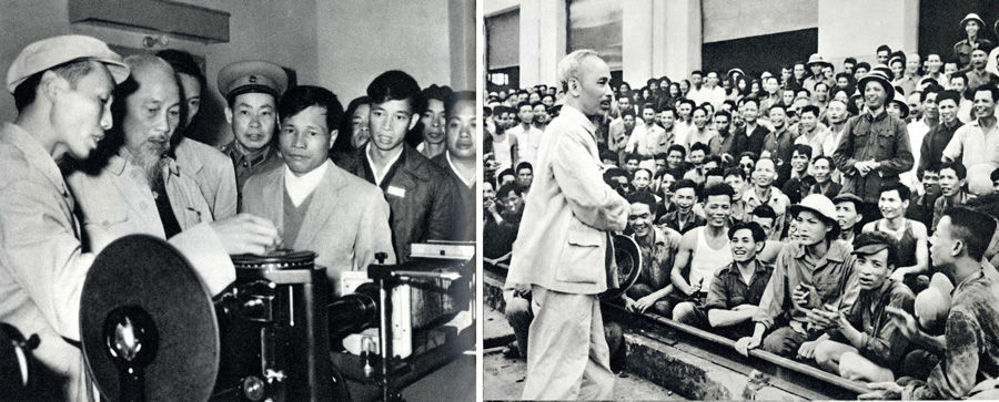 Chủ tịch Hồ Chí Minh thăm xưởng cơ khí khu gang thép Thái Nguyên (ảnh trái); đến thăm Nhà máy xe lửa Gia Lâm, ngày 19-5-1955, Chủ tịch Hồ Chí Minh nhắc nhở công nhân, cán bộ phát huy truyền thống cách mạng của nhà máy (ảnh phải)
