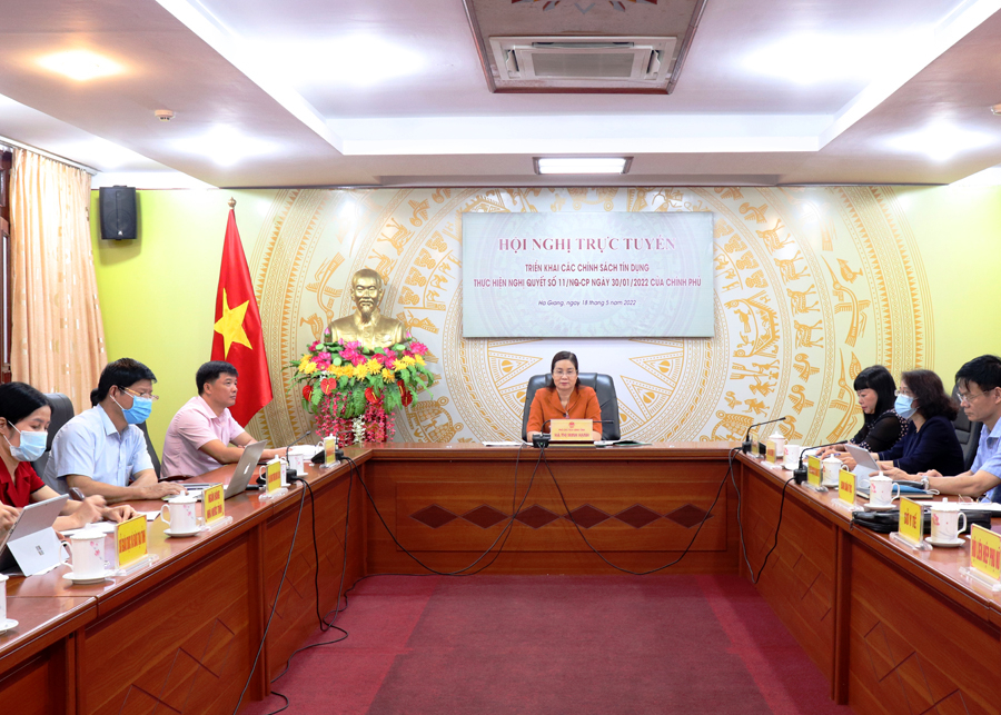 Phó Chủ tịch UBND tỉnh Hà Thị Minh Hạnh cùng đại biểu dự hội nghị tại điểm cầu Hà Giang.
