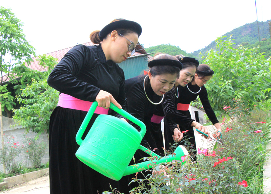 Phụ nữ thôn Làng Nùng chăm sóc tuyến đường hoa hồng.
