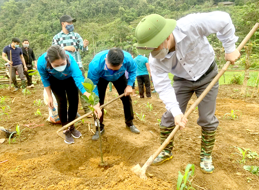  Cấp ủy, chính quyền và Đoàn Thanh niên huyện Bắc Mê hỗ trợ người dân cải tạo vườn tạp.

