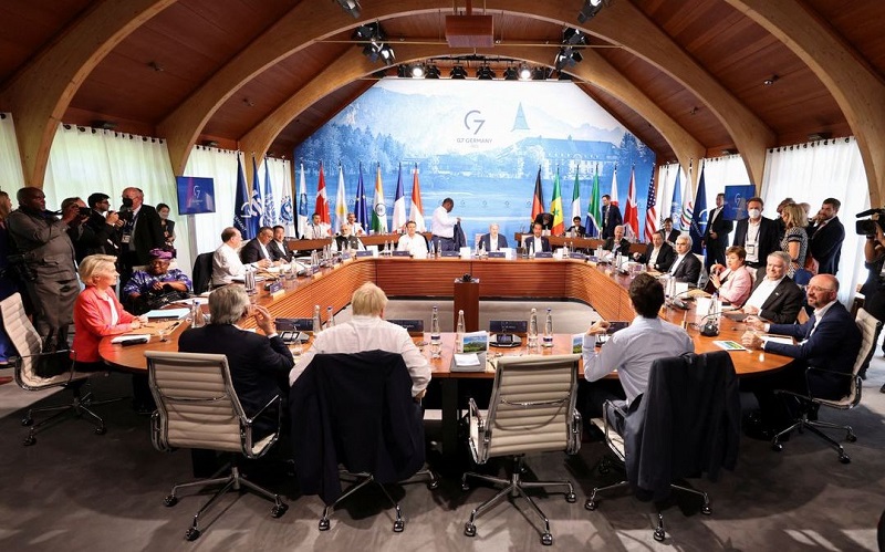Toàn cảnh phiên họp giữa các lãnh đạo G7 với lãnh đạo các nước đối tác tham dự Hội nghị thượng đỉnh G7
tại lâu đài Schloss Elmau, Bavaria, Đức, ngày 27/6/2022. 