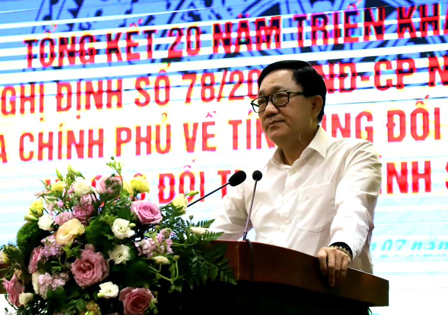 Đồng chí Dương Quyết Thắng, Tổng Giám đốc NHCSXH Việt Nam phát biểu tại hội nghị.

