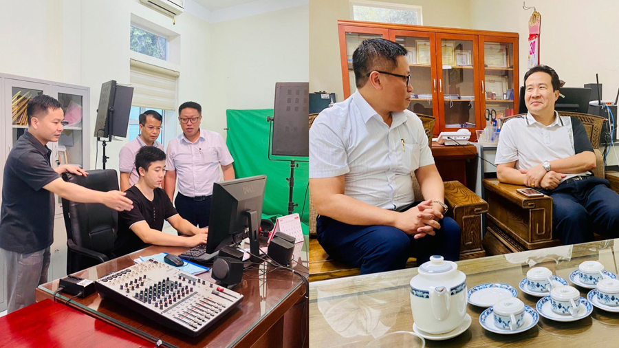 Ông Nguyễn Trung Thu - Tổng Biên tập Báo Hà Giang (bên trái) tặng báo cho lãnh đạo Bản tin Thị trường Việt Nam 

