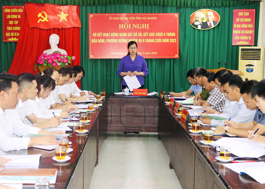 Phó Chủ tịch UBND tỉnh, Chủ tịch Hội đồng Giám sát xổ số tỉnh Hà Thị Minh Hạnh phát biểu tại hội nghị
