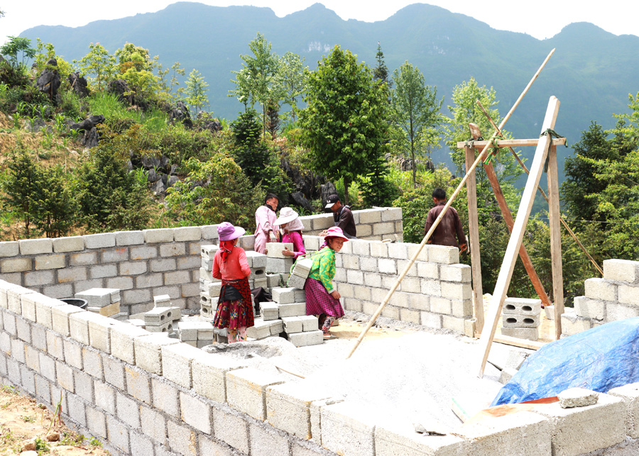Người dân xã Phố Cáo (Đồng Văn) giúp gia đình ông Lầu Sía Vừ xây dựng nhà ở.
