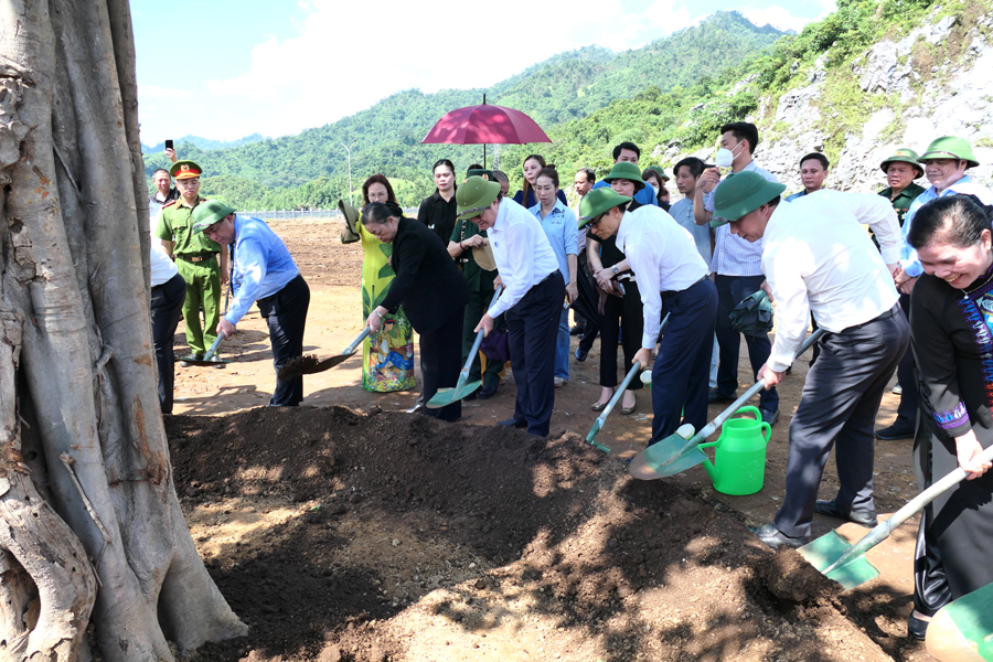 Nguyên Chủ tịch nước Trương Tấn Sang, Phó Thủ tướng Vũ Đức Đam cùng lãnh đạo T.Ư và tỉnh trồng cây lưu niệm trong khuôn viên Nghĩa trang liệt sĩ quốc gia Vị Xuyên
