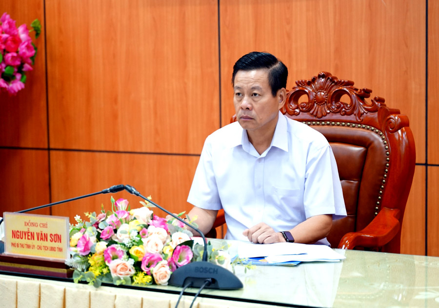 Phó Bí thư Tỉnh ủy, Chủ tịch UBND tỉnh Nguyễn Văn Sơn chủ trì hội nghị tại điểm cầu của tỉnh.