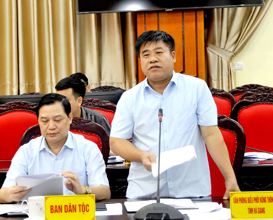 Chánh Văn phòng điều phối xây dựng Nông thôn mới tỉnh Đỗ Tấn Sơn báo cáo tình hình thực hiện CTMTQG xây dựng NTM.
