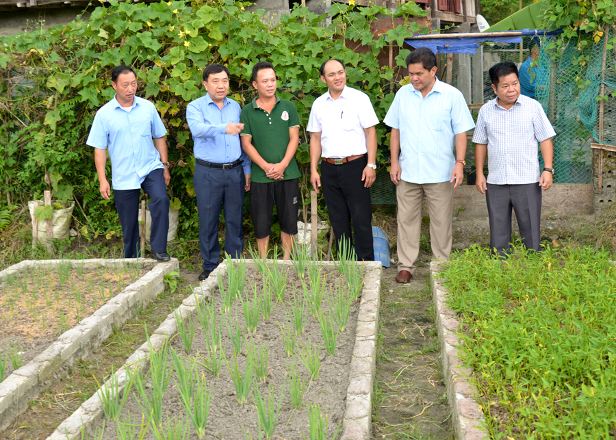Phó Bí thư Tỉnh ủy Nguyễn Mạnh Dũng thăm mô hình cải tạo vườn tạp hộ Hoàng Văn Hiền, thôn Làng Giang.
