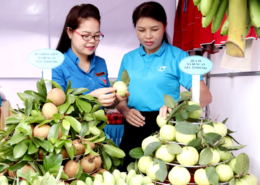 Bí thư Huyện đoàn Bắc Quang, Quốc Thị Thanh Thảo (trái) cùng đại biểu tham quan gian hàng trưng bày sản phẩm khởi nghiệp của thanh niên.