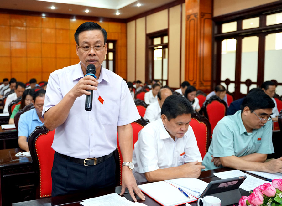 Chủ tịch UBND tỉnh Nguyễn Văn Sơn thảo luận tại kỳ họp.
