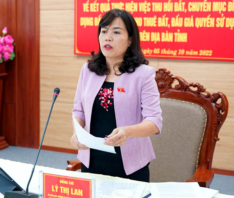 Phó Trưởng đoàn chuyên trách Đoàn ĐBQH tỉnh Lý Thị Lan kết luận buổi giám sát của Đoàn ĐBQH tỉnh với Sở TN&MT.
