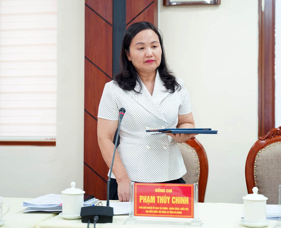 Đồng chí Phạm Thúy Chinh, Phó Chủ nhiệm Ủy ban Tài chính – Ngân sách Quốc hội, Đại biểu Quốc hội khóa XV tỉnh Hà Giang thảo luận tại buổi giám sát của Đoàn ĐBQH tỉnh với Sở TN&MT.
