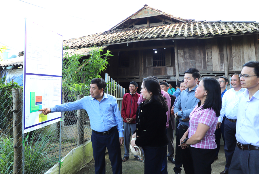 Phó Bí thư Tỉnh ủy Nguyễn Mạnh Dũng kiểm tra sơ đồ quy hoạch cải tạo vườn tạp.