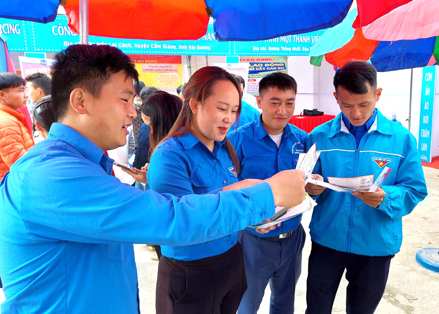 Đoàn viên, thanh niên huyện Đồng Văn tìm hiểu thông tin tuyển dụng tại Hội chợ giới thiệu việc làm.
