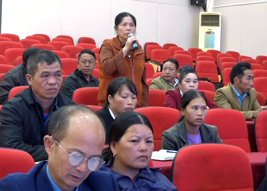 Bà Vàng Thị Hoa, Trưởng ban Công tác mặt trận thôn Cốc Pài, thị trấn Cốc Pài phát biểu ý kiến tại hội nghị.
