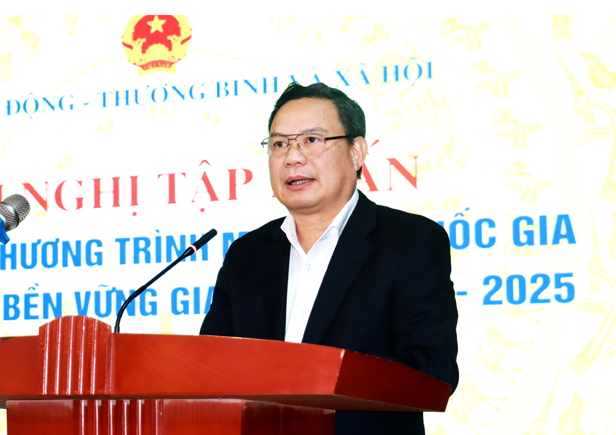 Thứ trưởng Bộ Lao động, Thương binh và Xã hội Lê Văn Thanh phát biểu tại hội nghị
