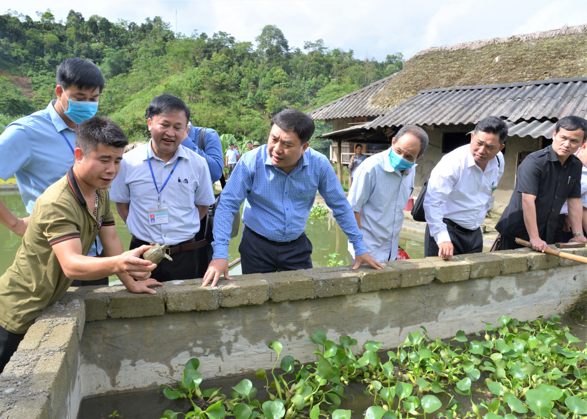 Phó Bí thư Tỉnh ủy Nguyễn Mạnh Dũng thăm mô hình nuôi ba ba thương phẩm tại thôn Nà Chõ, xã Tân Nam.