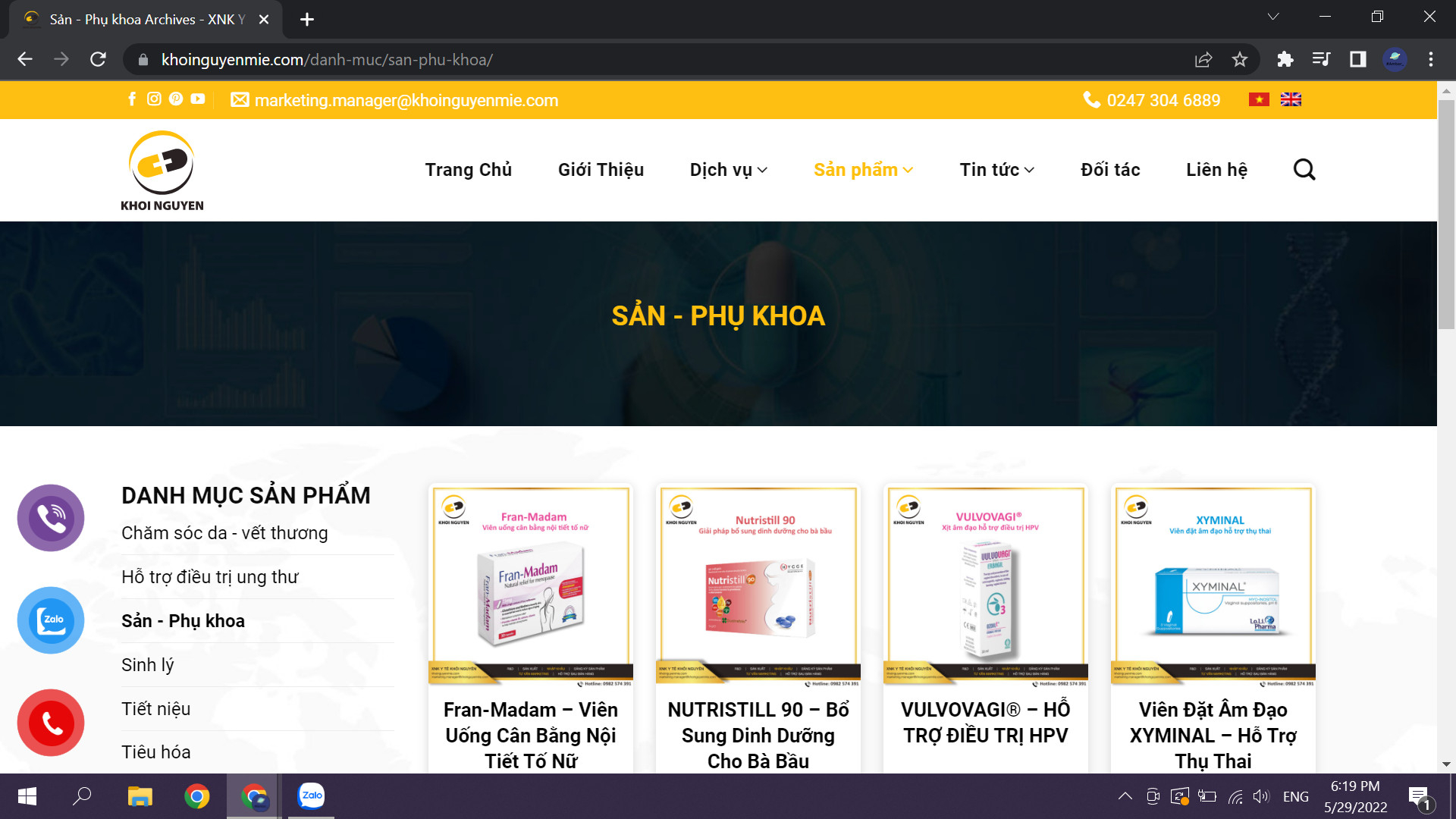 Website của Khôi Nguyên Mie giới thiệu các sản phẩm sản - phụ khoa Khôi Nguyên Mie đã nhập khẩu 