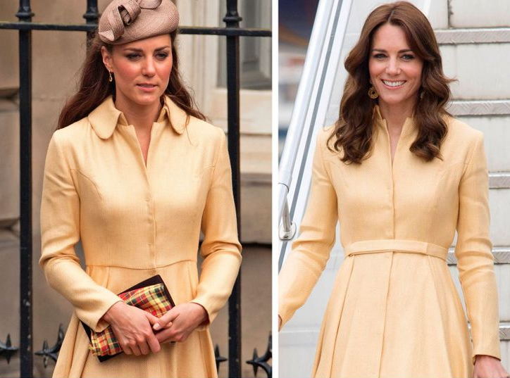 Kate chỉ cần thay đổi rất nhỏ như một chiếc thắt lưng tiệp màu váy và túi cầm tay thì đã mang cảm giác khác cho trang phục.