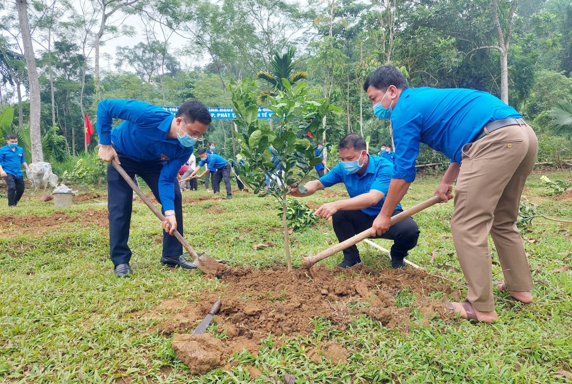 Cán bộ Tỉnh đoàn cùng các tình nguyện viên thị trấn Việt Vinh (Bắc Quang) cải tạo vườn tạp.
